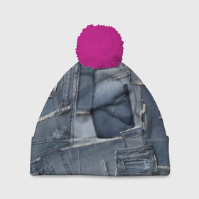 Шапка 3D c помпоном с принтом Jeans life в Тюмени, 100% полиэстер | универсальный размер, печать по всей поверхности изделия | Тематика изображения на принте: cool | fashion | hype | jeans | texture | vanguard | авангард | круто | мода | текстура | хайп