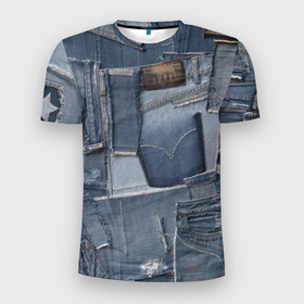 Мужская футболка 3D Slim с принтом Jeans life в Тюмени, 100% полиэстер с улучшенными характеристиками | приталенный силуэт, круглая горловина, широкие плечи, сужается к линии бедра | Тематика изображения на принте: cool | fashion | hype | jeans | texture | vanguard | авангард | круто | мода | текстура | хайп
