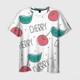 Мужская футболка 3D с принтом Вишенки Cherry в Тюмени, 100% полиэфир | прямой крой, круглый вырез горловины, длина до линии бедер | cherry | белый | вишня | красный | лето | надпись | сад | черенок | черешня | ягода