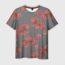 Мужская футболка 3D с принтом Цветы айвы на сером фоне в Курске, 100% полиэфир | прямой крой, круглый вырез горловины, длина до линии бедер | айва | весна | красный | лето | паттерн | подарок | природа | растения | романтика | серый | узор | цветы