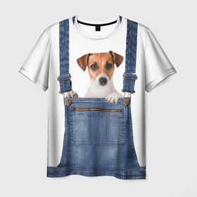 Мужская футболка 3D с принтом ЩЕНОК В КАРМАШКЕ в Курске, 100% полиэфир | прямой крой, круглый вырез горловины, длина до линии бедер | dog | jeans | packet | гав | джинсовый | дружок | животные | звери | карман | комбинезон | ломашние | одежда | пес | собака | щенок