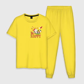 Мужская пижама хлопок с принтом Be happy в Новосибирске, 100% хлопок | брюки и футболка прямого кроя, без карманов, на брюках мягкая резинка на поясе и по низу штанин
 | daffy | duck | looney | pig | porky | tunes | vdzajul | дак | даффи | пиг | порки
