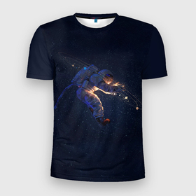Мужская футболка 3D Slim с принтом Космонавт в Тюмени, 100% полиэстер с улучшенными характеристиками | приталенный силуэт, круглая горловина, широкие плечи, сужается к линии бедра | Тематика изображения на принте: cosmos | space | галактика | космонавт | космос | млечный путь | скафандр