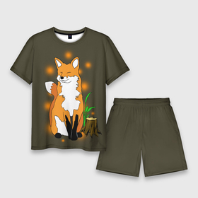 Мужской костюм с шортами 3D с принтом Лиса в лесу ,  |  | animals | fox | в лесу | дерево | дикий | животные | зверек | зверь | кусты | лес | лесной | лесные | лиса | лисенок | лисица | лисичка | листья | мордочка | мультяшный | пенек | природа | растения | рыжая