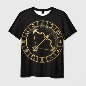 Мужская футболка 3D с принтом Стрелец в Петрозаводске, 100% полиэфир | прямой крой, круглый вырез горловины, длина до линии бедер | знаки зодиака | золотой рисунок | стрелец | черный фон