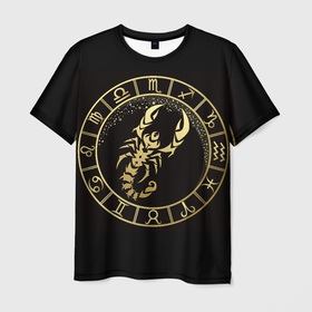 Мужская футболка 3D с принтом Скорпион в Петрозаводске, 100% полиэфир | прямой крой, круглый вырез горловины, длина до линии бедер | Тематика изображения на принте: знаки зодиака | золотой рисунок | скорпион | черный фон