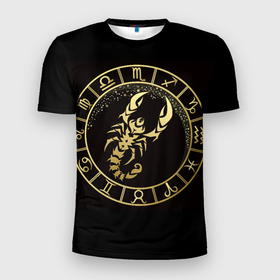 Мужская футболка 3D спортивная с принтом Скорпион , 100% полиэстер с улучшенными характеристиками | приталенный силуэт, круглая горловина, широкие плечи, сужается к линии бедра | знаки зодиака | золотой рисунок | скорпион | черный фон
