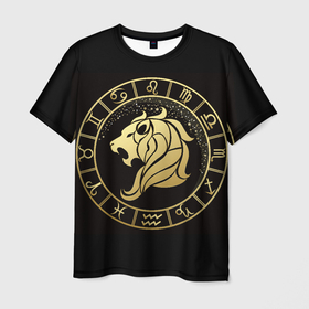 Мужская футболка 3D с принтом Лев в Петрозаводске, 100% полиэфир | прямой крой, круглый вырез горловины, длина до линии бедер | знаки зодиака | золотой рисунок | лев | черный фон