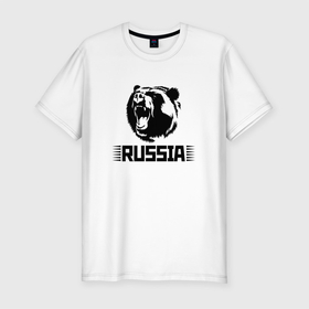 Мужская футболка хлопок Slim с принтом Russia bear   Медведь Россия , 92% хлопок, 8% лайкра | приталенный силуэт, круглый вырез ворота, длина до линии бедра, короткий рукав | bear | russia | медведь | мишка | россия | рф | черный