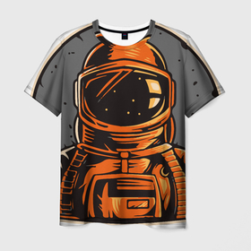 Мужская футболка 3D с принтом Космонавт в Петрозаводске, 100% полиэфир | прямой крой, круглый вырез горловины, длина до линии бедер | абстракция | космонавт | космос | луна | минимализм | оранжевый
