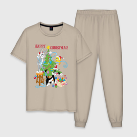 Мужская пижама хлопок с принтом Happy Christmas! в Кировске, 100% хлопок | брюки и футболка прямого кроя, без карманов, на брюках мягкая резинка на поясе и по низу штанин
 | Тематика изображения на принте: bugs | bunny | cat | looney | sylvester | tunes | vdzajul | багз | бани | банни | сильвестр кот | твити