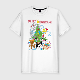 Мужская футболка хлопок Slim с принтом Happy Christmas! в Новосибирске, 92% хлопок, 8% лайкра | приталенный силуэт, круглый вырез ворота, длина до линии бедра, короткий рукав | bugs | bunny | cat | looney | sylvester | tunes | vdzajul | багз | бани | банни | сильвестр кот | твити