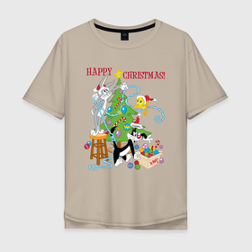 Мужская футболка хлопок Oversize с принтом Happy Christmas! , 100% хлопок | свободный крой, круглый ворот, “спинка” длиннее передней части | bugs | bunny | cat | looney | sylvester | tunes | vdzajul | багз | бани | банни | сильвестр кот | твити