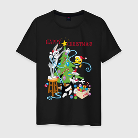 Мужская футболка хлопок с принтом Happy Christmas! , 100% хлопок | прямой крой, круглый вырез горловины, длина до линии бедер, слегка спущенное плечо. | bugs | bunny | cat | looney | sylvester | tunes | vdzajul | багз | бани | банни | сильвестр кот | твити