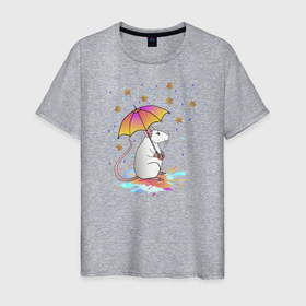Мужская футболка хлопок с принтом Крыса под зонтиком в Санкт-Петербурге, 100% хлопок | прямой крой, круглый вырез горловины, длина до линии бедер, слегка спущенное плечо. | дождь | животное | зонт | крыса | лужи | мультяшное | мышь | осенние листья | осень