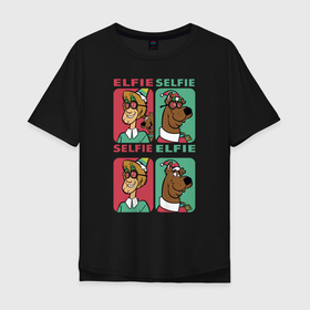 Мужская футболка хлопок Oversize с принтом Selfie elfie в Екатеринбурге, 100% хлопок | свободный крой, круглый ворот, “спинка” длиннее передней части | 005850 | scooby doo | shaggy | vdkotan | велма | дафна | скуби | скуби ду | шэгги
