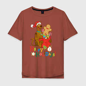 Мужская футболка хлопок Oversize с принтом Happy holidays в Тюмени, 100% хлопок | свободный крой, круглый ворот, “спинка” длиннее передней части | 005850 | scooby doo | shaggy | vdkotan | велма | дафна | скуби | скуби ду | шэгги