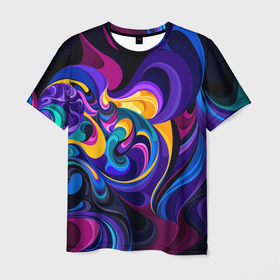 Мужская футболка 3D с принтом Абстрактный Узор(тёмный) в Новосибирске, 100% полиэфир | прямой крой, круглый вырез горловины, длина до линии бедер | геометрия | кислотный | краски | модные | полосы | разводы | текстуры | цветной | яркий