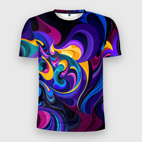 Мужская футболка 3D Slim с принтом Абстрактный Узор(тёмный) в Новосибирске, 100% полиэстер с улучшенными характеристиками | приталенный силуэт, круглая горловина, широкие плечи, сужается к линии бедра | геометрия | кислотный | краски | модные | полосы | разводы | текстуры | цветной | яркий