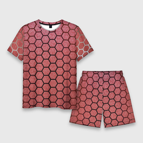 Мужской костюм с шортами 3D с принтом Соты красные | Honeycomb red текстура в Тюмени,  |  | красный | паутина | паутинка | соты