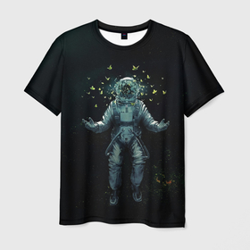 Мужская футболка 3D с принтом Космонавт и бабочки в космосе , 100% полиэфир | прямой крой, круглый вырез горловины, длина до линии бедер | cosmos | space | вселенная | звезды | космонавт | космос | млечный путь