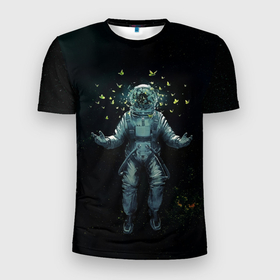 Мужская футболка 3D спортивная с принтом Космонавт и бабочки в космосе , 100% полиэстер с улучшенными характеристиками | приталенный силуэт, круглая горловина, широкие плечи, сужается к линии бедра | cosmos | space | вселенная | звезды | космонавт | космос | млечный путь