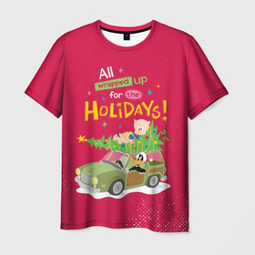 Мужская футболка 3D с принтом For the holidays в Петрозаводске, 100% полиэфир | прямой крой, круглый вырез горловины, длина до линии бедер | daffy | duck | looney | pig | porky | tunes | vdzajul | дак | даффи | пиг | порки | утка