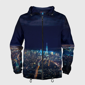 Мужская ветровка 3D с принтом Ночной город в Белгороде, 100% полиэстер | подол и капюшон оформлены резинкой с фиксаторами, два кармана без застежек по бокам, один потайной карман на груди | city | new york city | город | ночь | нью йорк