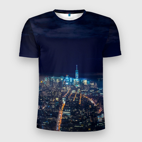 Мужская футболка 3D спортивная с принтом Ночной город в Петрозаводске, 100% полиэстер с улучшенными характеристиками | приталенный силуэт, круглая горловина, широкие плечи, сужается к линии бедра | Тематика изображения на принте: city | new york city | город | ночь | нью йорк