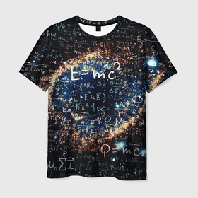 Мужская футболка 3D с принтом Формула Вселенной в Новосибирске, 100% полиэфир | прямой крой, круглый вырез горловины, длина до линии бедер | Тематика изображения на принте: альберт эйнштейн | астрономия | звезды | космос | наука | небо | созвездия | теория большого взрыва | формулы | эйнштейн