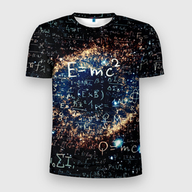 Мужская футболка 3D спортивная с принтом Формула Вселенной в Новосибирске, 100% полиэстер с улучшенными характеристиками | приталенный силуэт, круглая горловина, широкие плечи, сужается к линии бедра | альберт эйнштейн | астрономия | звезды | космос | наука | небо | созвездия | теория большого взрыва | формулы | эйнштейн