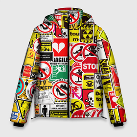 Мужская зимняя куртка 3D с принтом Запрещающие знаки в Тюмени, верх — 100% полиэстер; подкладка — 100% полиэстер; утеплитель — 100% полиэстер | длина ниже бедра, свободный силуэт Оверсайз. Есть воротник-стойка, отстегивающийся капюшон и ветрозащитная планка. 

Боковые карманы с листочкой на кнопках и внутренний карман на молнии. | danger | sticker bombing | запрещающие знаки | опасность | прикол | стикер бомбинг | череп