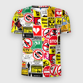 Мужская футболка 3D Slim с принтом Запрещающие знаки в Белгороде, 100% полиэстер с улучшенными характеристиками | приталенный силуэт, круглая горловина, широкие плечи, сужается к линии бедра | danger | sticker bombing | запрещающие знаки | опасность | прикол | стикер бомбинг | череп
