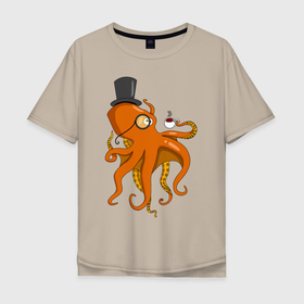 Мужская футболка хлопок Oversize с принтом Осьминог в Тюмени, 100% хлопок | свободный крой, круглый ворот, “спинка” длиннее передней части | важный | кофе | монокль | оранжевый | осьминог | персонаж | рисунок | умный | утро | цилиндр | шляпа | щупальца