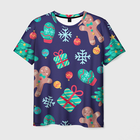 Мужская футболка 3D с принтом Новый Год , 100% полиэфир | прямой крой, круглый вырез горловины, длина до линии бедер | Тематика изображения на принте: новогодние игрушки | новогодние подарки | новый год | печенье | снежинки