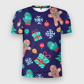 Мужская футболка 3D спортивная с принтом Новый Год , 100% полиэстер с улучшенными характеристиками | приталенный силуэт, круглая горловина, широкие плечи, сужается к линии бедра | новогодние игрушки | новогодние подарки | новый год | печенье | снежинки