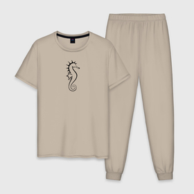 Мужская пижама хлопок с принтом Морской конёк в Новосибирске, 100% хлопок | брюки и футболка прямого кроя, без карманов, на брюках мягкая резинка на поясе и по низу штанин
 | Тематика изображения на принте: значок | линейный | лого | минимализм | морской конёк | морской обитатель | рыба | чёрно  белый