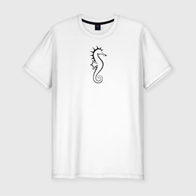 Мужская футболка хлопок Slim с принтом Морской конёк , 92% хлопок, 8% лайкра | приталенный силуэт, круглый вырез ворота, длина до линии бедра, короткий рукав | значок | линейный | лого | минимализм | морской конёк | морской обитатель | рыба | чёрно  белый