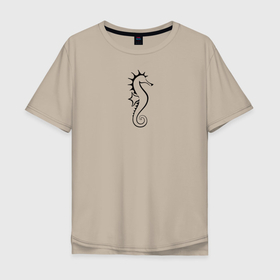 Мужская футболка хлопок Oversize с принтом Морской конёк в Белгороде, 100% хлопок | свободный крой, круглый ворот, “спинка” длиннее передней части | значок | линейный | лого | минимализм | морской конёк | морской обитатель | рыба | чёрно  белый