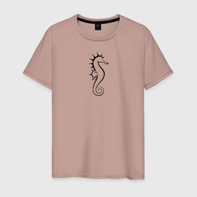 Мужская футболка хлопок с принтом Морской конёк в Белгороде, 100% хлопок | прямой крой, круглый вырез горловины, длина до линии бедер, слегка спущенное плечо. | значок | линейный | лого | минимализм | морской конёк | морской обитатель | рыба | чёрно  белый
