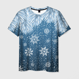 Мужская футболка 3D с принтом Снежное Настроенние в Санкт-Петербурге, 100% полиэфир | прямой крой, круглый вырез горловины, длина до линии бедер | елочные иголки | новый год | рисунок | снег | снежинки