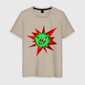 Мужская футболка хлопок с принтом Вирус в Петрозаводске, 100% хлопок | прямой крой, круглый вырез горловины, длина до линии бедер, слегка спущенное плечо. | covid 19 | валюты | вирус | звезда | зеленый | злой | зубы | корона | коронавирус | монстр