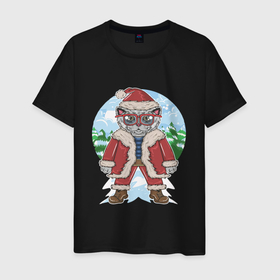 Мужская футболка хлопок с принтом Christmas winter cat в Курске, 100% хлопок | прямой крой, круглый вырез горловины, длина до линии бедер, слегка спущенное плечо. | Тематика изображения на принте: 