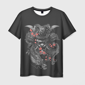 Мужская футболка 3D с принтом Самурай и дракон , 100% полиэфир | прямой крой, круглый вырез горловины, длина до линии бедер | cherry | flower petals | helmet | japan | katana | ronin | sakura | samurai | вишня | катана | лепестки цветка | ронин | сакура | самурай | шлем | япония