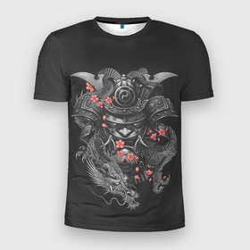 Мужская футболка 3D спортивная с принтом Самурай и дракон в Белгороде, 100% полиэстер с улучшенными характеристиками | приталенный силуэт, круглая горловина, широкие плечи, сужается к линии бедра | cherry | flower petals | helmet | japan | katana | ronin | sakura | samurai | вишня | катана | лепестки цветка | ронин | сакура | самурай | шлем | япония