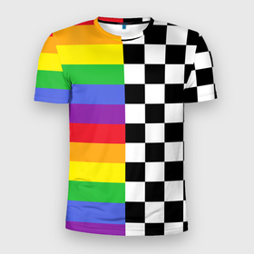 Мужская футболка 3D спортивная с принтом Rainbow в Петрозаводске, 100% полиэстер с улучшенными характеристиками | приталенный силуэт, круглая горловина, широкие плечи, сужается к линии бедра | музыкант | паттерн | полосы | радуга | реп | рэп | текаши | шахматы | шашки
