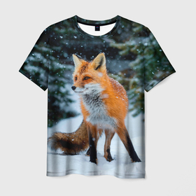Мужская футболка 3D с принтом Лиса в зимнем лесу , 100% полиэфир | прямой крой, круглый вырез горловины, длина до линии бедер | Тематика изображения на принте: fox | foxy | в | животные | звери | зима | зимний | зимняя | лес | лиса | лисичка | лисы | природа | снег | снежная