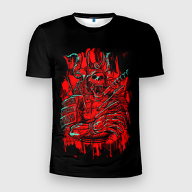 Мужская футболка 3D Slim с принтом Death Samurai в Рязани, 100% полиэстер с улучшенными характеристиками | приталенный силуэт, круглая горловина, широкие плечи, сужается к линии бедра | 2077 | art | blood | cyber | cyberpunk | dead | death | demon | japan | mask | ninja | oni | samurai | shadow | shogun | tokyo | warior | арт | воин | война | демон | катана | кибер | киберпанк | кровь | маска | мертвый | ниндзя | путь | самурай