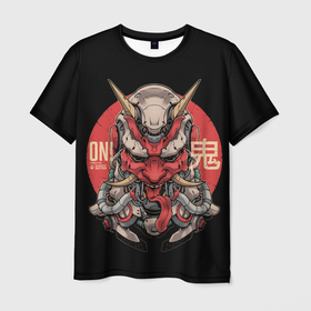 Мужская футболка 3D с принтом Cyber Oni Samurai в Екатеринбурге, 100% полиэфир | прямой крой, круглый вырез горловины, длина до линии бедер | 2077 | art | blood | cyber | cyberpunk | dead | death | demon | japan | mask | ninja | oni | samurai | shadow | shogun | tokyo | warior | арт | воин | война | демон | катана | кибер | киберпанк | кровь | маска | мертвый | ниндзя | путь | самурай