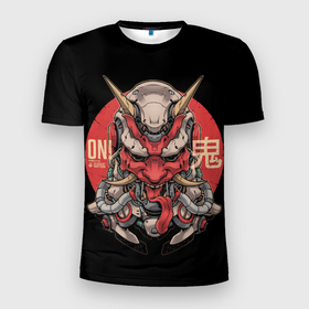Мужская футболка 3D спортивная с принтом Cyber Oni Samurai в Белгороде, 100% полиэстер с улучшенными характеристиками | приталенный силуэт, круглая горловина, широкие плечи, сужается к линии бедра | 2077 | art | blood | cyber | cyberpunk | dead | death | demon | japan | mask | ninja | oni | samurai | shadow | shogun | tokyo | warior | арт | воин | война | демон | катана | кибер | киберпанк | кровь | маска | мертвый | ниндзя | путь | самурай
